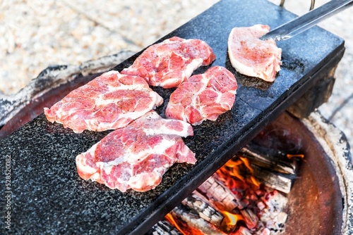 Homemade grilling on the fireplace. Summer party. Grilling on a hot granite slab. Healthy grilling. Grilled meat.