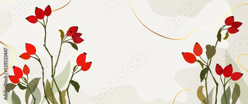 Luxury vector background with rosehip leaves and berries on a watercolor background with golden lines.Autumn, earthy tones, watercolor leaf branch. Autumn season collection design for interior, poster