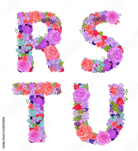 colorful flowers arrangement in capital letter shape. set of typ