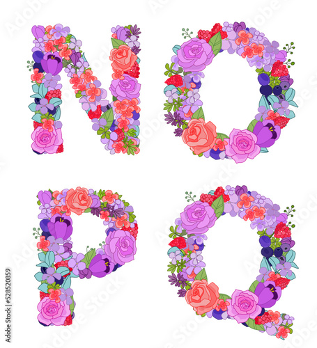 colorful flowers arrangement in capital letter shape. set of typ