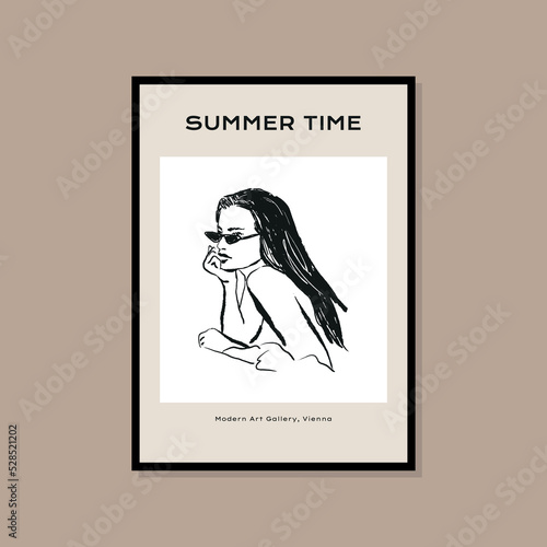 Woman silhouette minimal bohemian travel illustration poster design for wall art gallery 