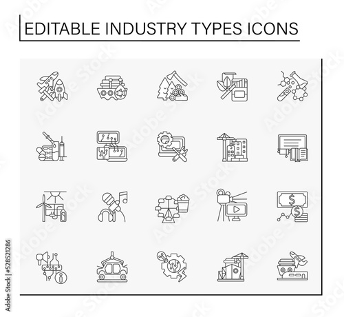 Industries line icons set. Different types of organisations or establishments. Services for people. Business concept. Isolated vector illustrations. Editable stroke
