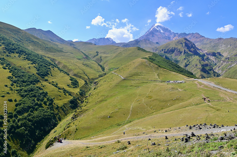 Mount Kazbek in Georgian Military Highway in Caucasus Mountains