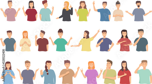 People talking with hand gesture icons set cartoon vector. People say. Deaf loss