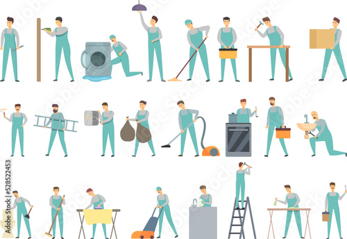 Husband for an hour icons set cartoon vector. House man. Work activity