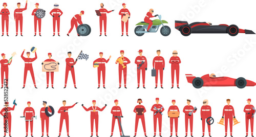 Racing team icons set cartoon vector. Stop car. Team tire