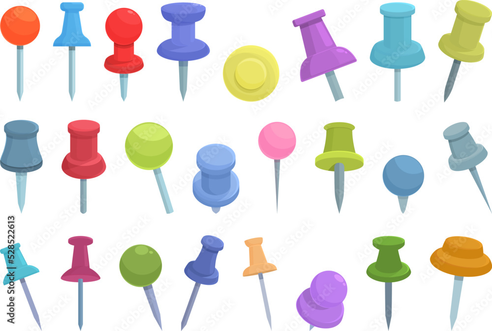 Push pin thumbtack icons set cartoon vector. Paper office. Cork tack Push pin thumbtack icons set cartoon vector. Paper office. Cork tack