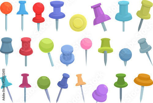 Push pin thumbtack icons set cartoon vector. Paper office. Cork tack