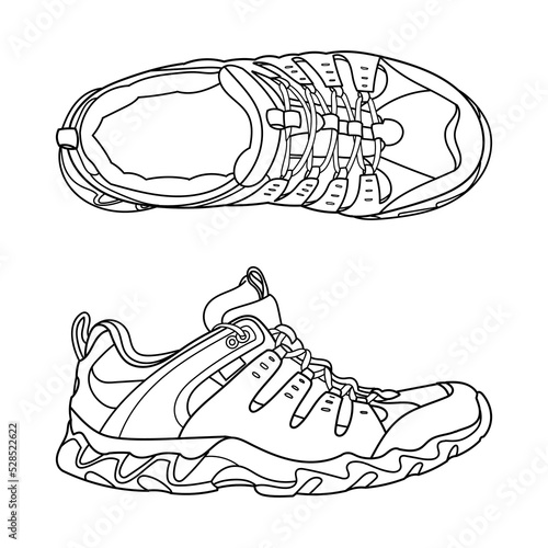 Hand drawn adventures shoes, trekking sneakers, gym shoes. Doodle vector illustration.