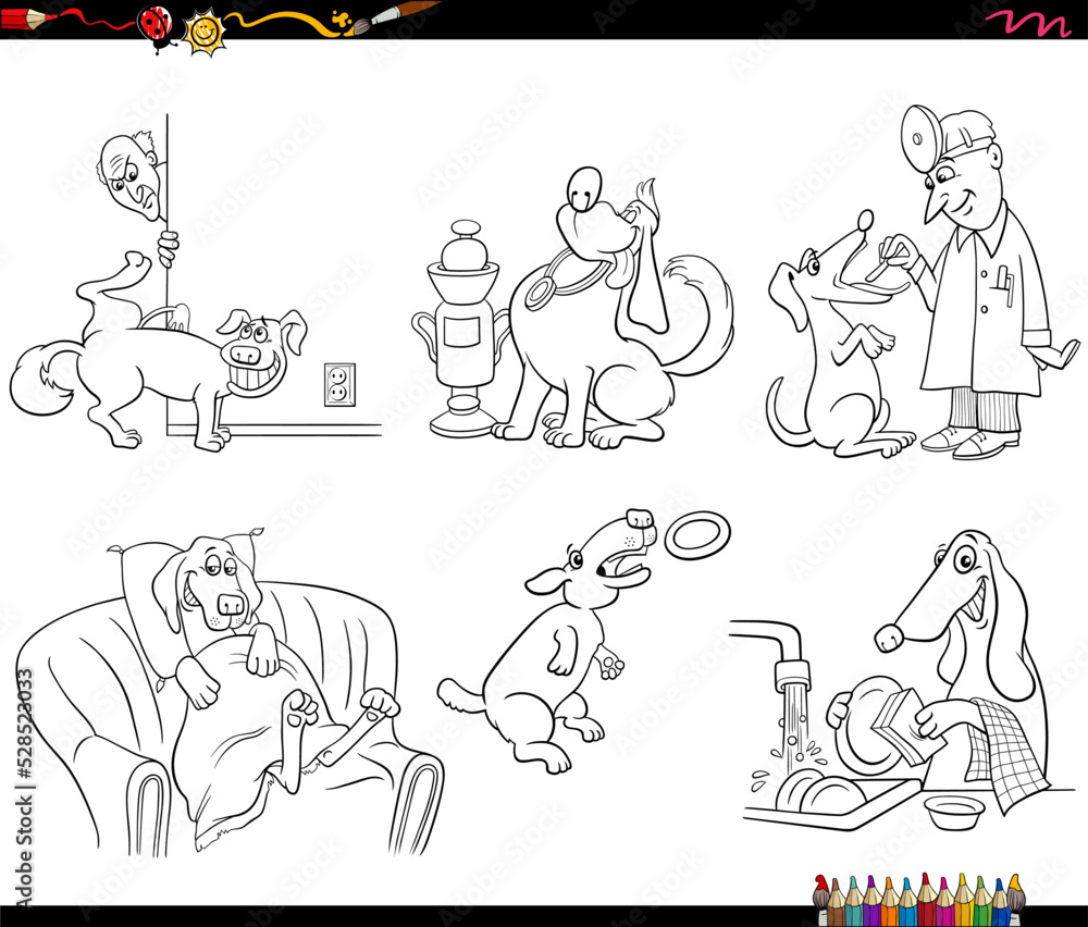 Fototapeta premium cartoon dogs animal characters set coloring page