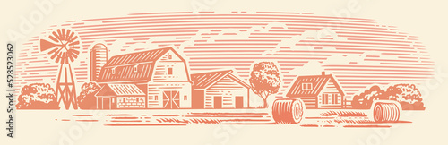 Field with haystacks. Farming landscape