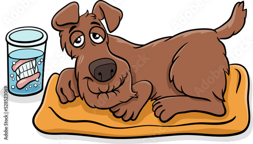 cartoon senior dog with dentures in a glass
