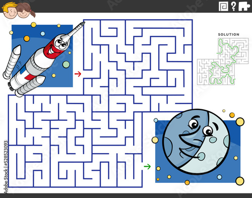 maze with cartoon rocket in space and the moon