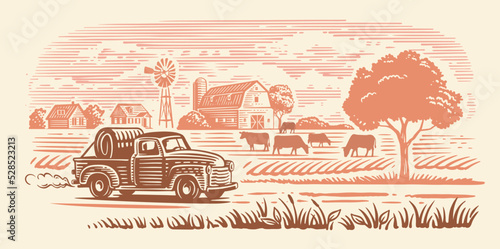 Pickup truck and Farming landscape. Farm with barn drawing