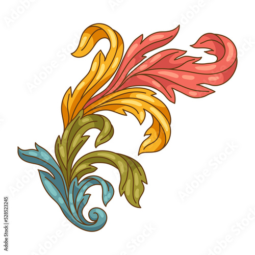 Decorative floral element in baroque style. Colorful curling plant.