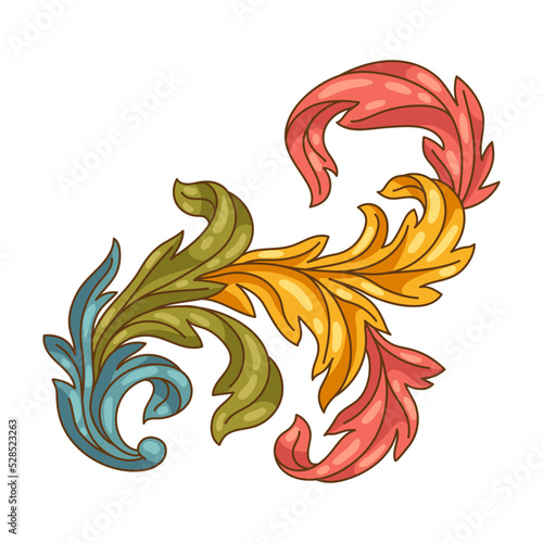 Decorative floral element in baroque style. Colorful curling plant.