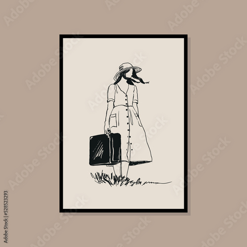 Woman silhouette minimal bohemian travel illustration poster design for wall art gallery 