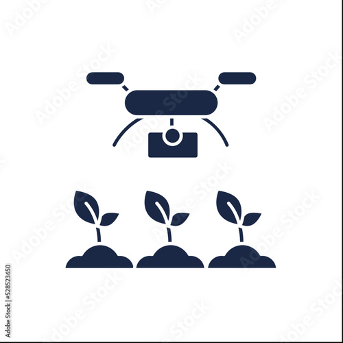 Drones photography glyph icon. Plant growth monitoring. Modern technology. Digital farming. Smart farm concept. Filled flat sign. Isolated silhouette vector illustration