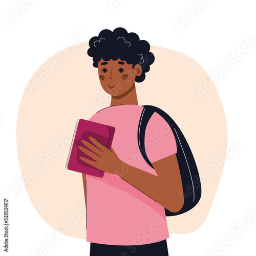 Smiling dark skinned man holding books. Concept of books, education, reading, development. Isolated vector illustration.