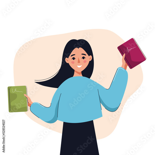 Happy smiling woman holding books. Concept of books, education, reading, development. Isolated vector illustration.