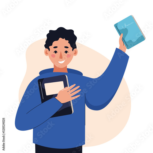 Smiling man holding books. Concept of books, education, reading, development. Isolated vector illustration.