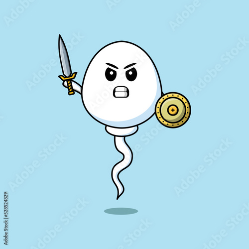Cute cartoon character Sperm holding sword and shield in modern style design
