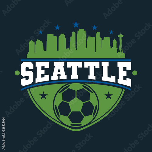 Seattle, WA, USA Skyline City Silhouette Vector. Soccer Design Style Icon Symbols. Sport Ball Emblem Badge.