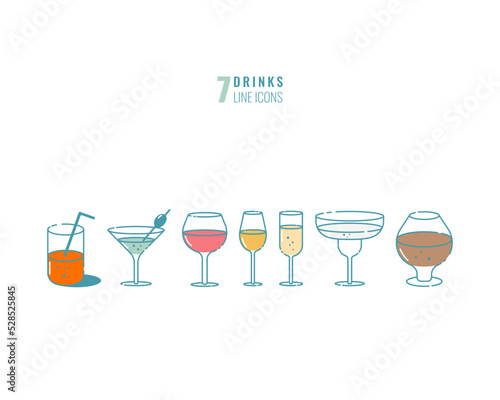 Set of 7 drinks line icons isolated on white