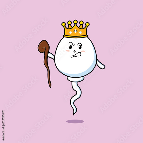 Cute cartoon sperm mascot as wise king with golden crown and wooden stick