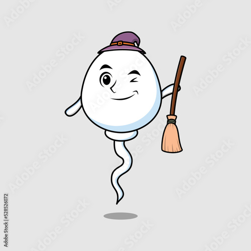Cute cartoon witch shaped sperm character with hat and broomstick