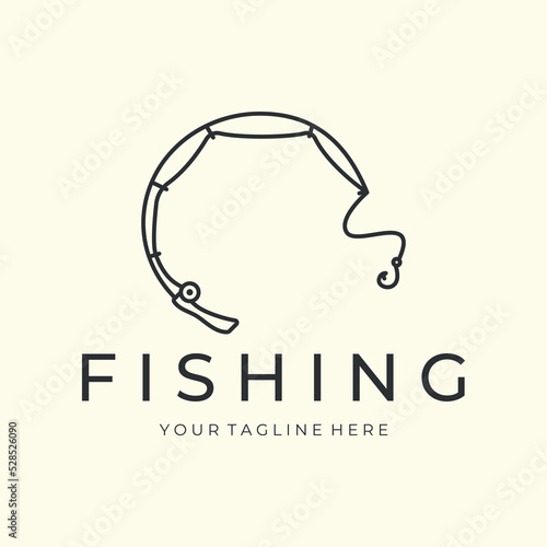fishing with line art minimalist style logo vector illustration design icon template. fish, hook, rod logo