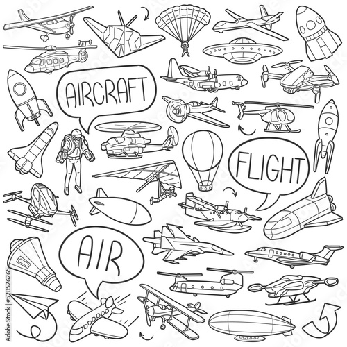 Air Vehicles Doodle Icons. Hand Made Line Art. Aircraft Clipart Logotype Symbol Design.