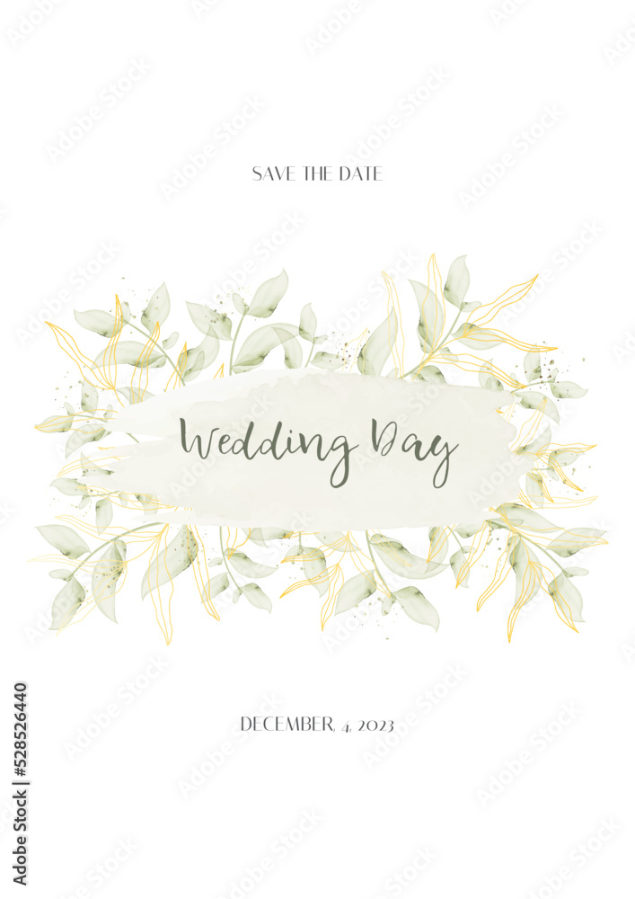 A delicate rustic wedding invitation with watercolour leaves, splashes, strokes and gold. Vector