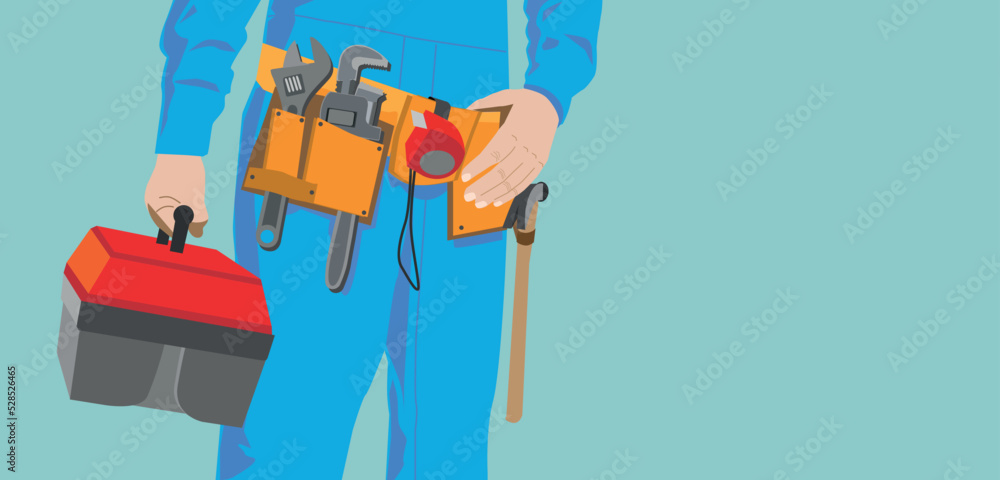 Worker with work belt and toolbox, vector. Copy space, service and maintenance concept Worker with work belt and toolbox, vector. Copy space, service and maintenance concept