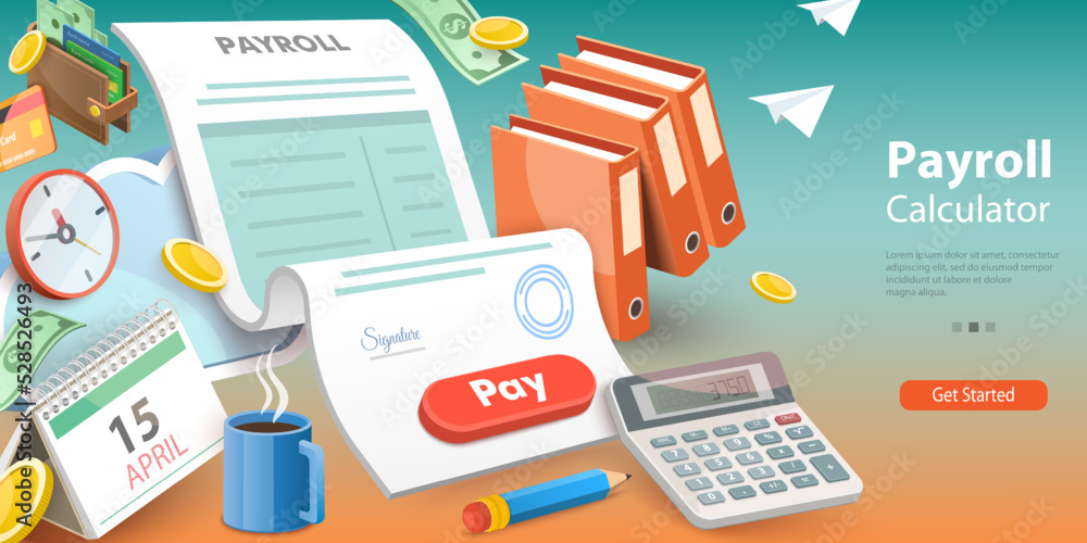 3D Vector Conceptual Illustration of Payroll Calculator , Salary Statement 3D Vector Conceptual Illustration of Payroll Calculator , Salary Statement