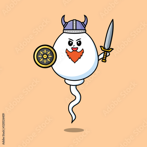 Cute cartoon character Sperm viking pirate with hat and holding sword and shield