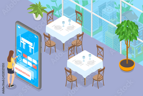 3D Isometric Flat Vector Conceptual Illustration of Restaurant Online Reservation, Mobile Booking Service