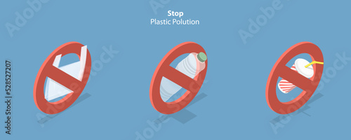 3D Isometric Flat Vector Conceptual Illustration of Stop Plastic Polution, Environmental Campaign Elements