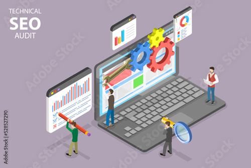 3D Isometric Flat Vector Conceptual Illustration of Technical SEO Audit, Search Engine Optimization