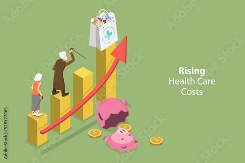 3D Isometric Flat Vector Conceptual Illustration of Rising Health Care Costs, Drugs Price Increase