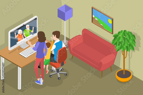 3D Isometric Flat Vector Conceptual Illustration of Family Video Call, Video Conferencing at Home