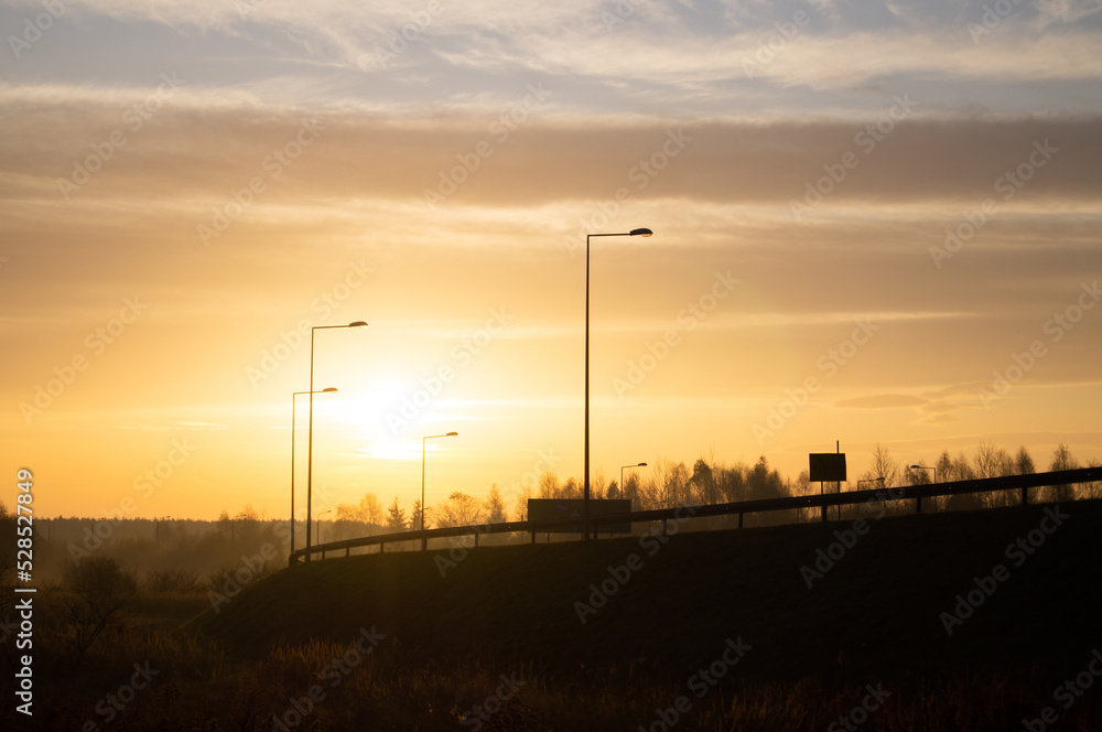Sunrise over the highway in Poland.