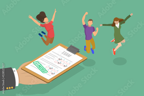 3D Isometric Flat Vector Conceptual Illustration of Educational Exam Success, Happy Students