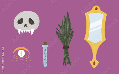 Witch isolated stickers set. Halloween spooky doodle clip art hand drawn skull, mirror,  potion, eye. Vector magic illustration