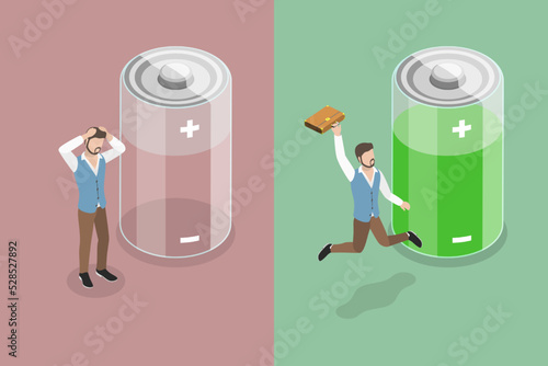 3D Isometric Flat Vector Conceptual Illustration of Energetic And Tired Businessman, Professional Burnout Syndrome