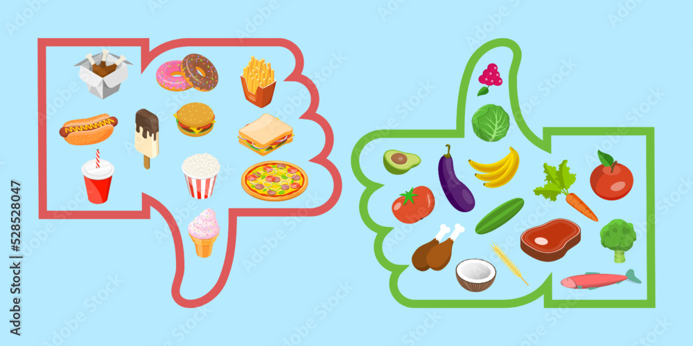 3D Isometric Flat Vector Conceptual Illustration of Healthy Vs Junk Food, Fastfood and Balanced Menu Comparison 3D Isometric Flat Vector Conceptual Illustration of Healthy Vs Junk Food, Fastfood and Balanced Menu Comparison