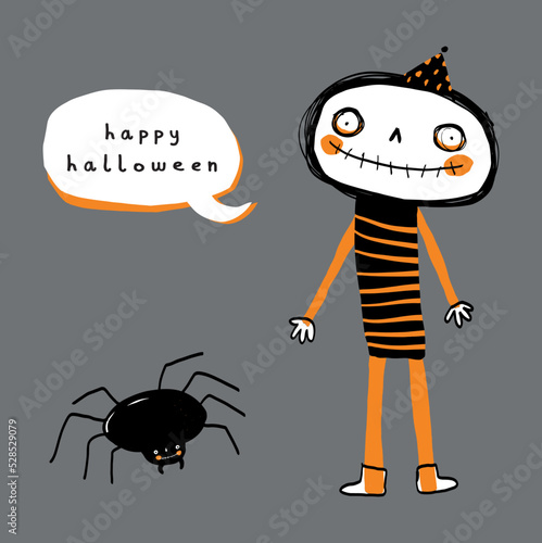 Creepy Halloween Illustration with Fat Black Spider and Dead Doll. Hand Drawn Vector Print with Tarantula and Skiny Clown on a Dark Gray Background. Halloween Doodles ideal for Card,Wall Art, Poster.