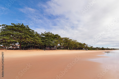 Praia vazia ensolarada em Caraíva na Bahia com céu azul e arvores ao fundo photo