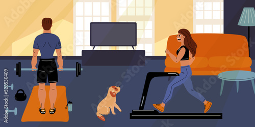 Couple sports at home. Family training in living room. Fitness exercises. Girl on treadmill. Guy with barbell. Strength workout and bodybuilding. Healthy lifestyle. Garish vector concept