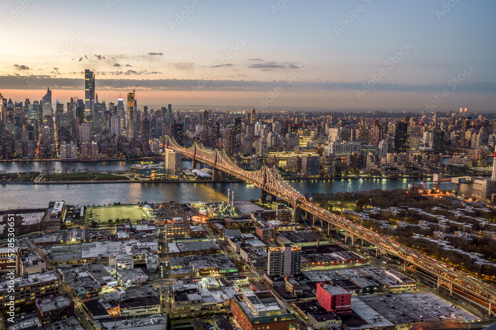 Aerial view of New York City & the Queensborough bridge.